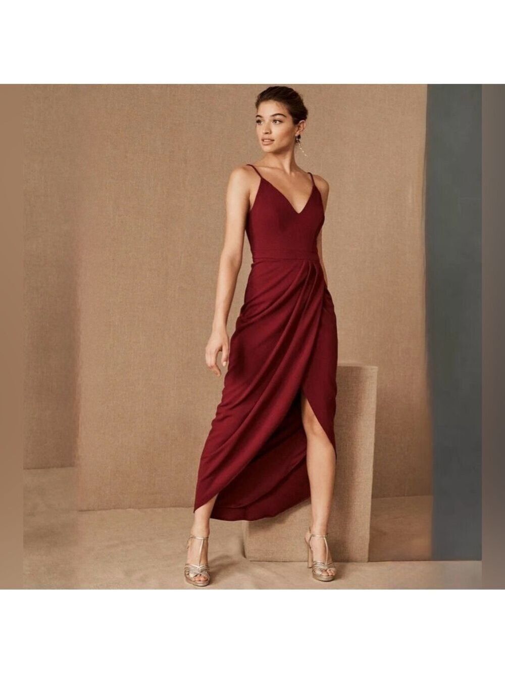 BHLDN V-Neck Faux-Wrap Stretch Crepe Midi Dress